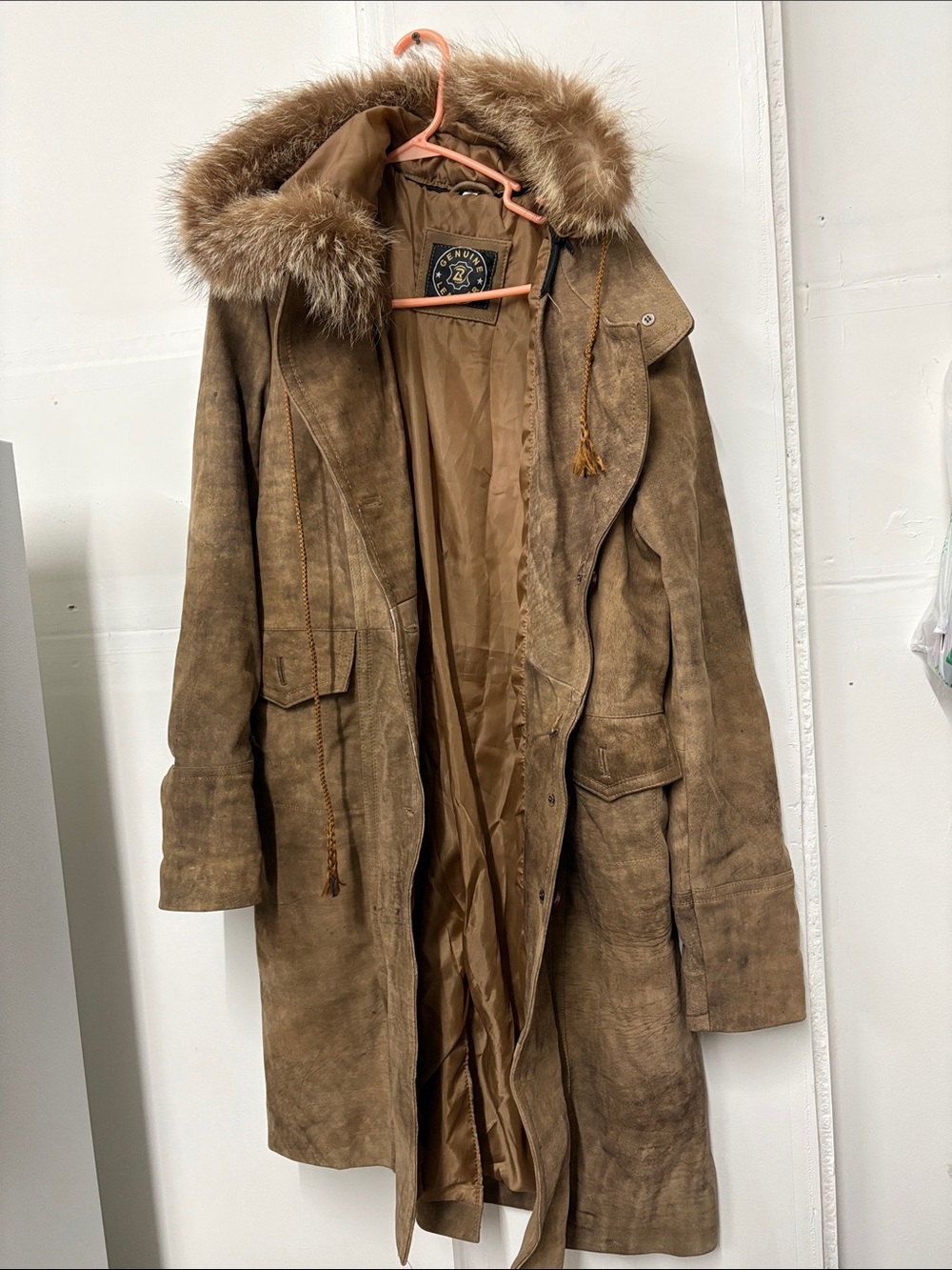 Women's Tan Suede Trench Coat with Faux Fur Hood